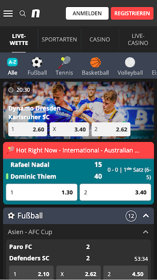 Startseite der Novibet Sportwetten App