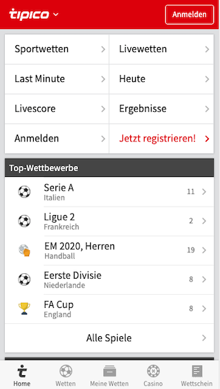 Startseite der Tipico Sportwetten App