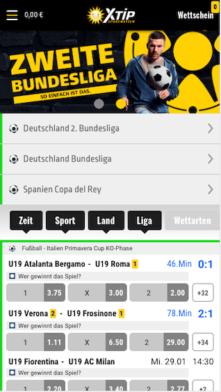 Home-Seite der X-Tip Wetten App