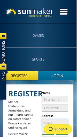 Registrierung in der Sunmaker Sportwetten App