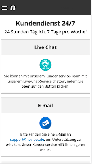 Support und Kontaktmöglichkeiten der Novibet Wett App