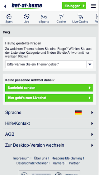 Support und Kontakt in der bet-at-home Wett App