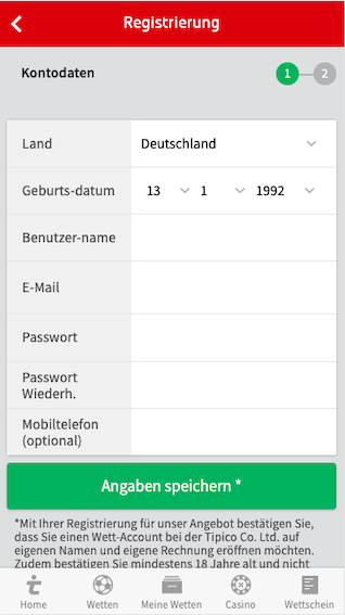 Schritt 1 der Registrierung in der Tipico Wett App