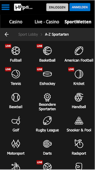 Wettprogramm der Hopa Sportwetten App