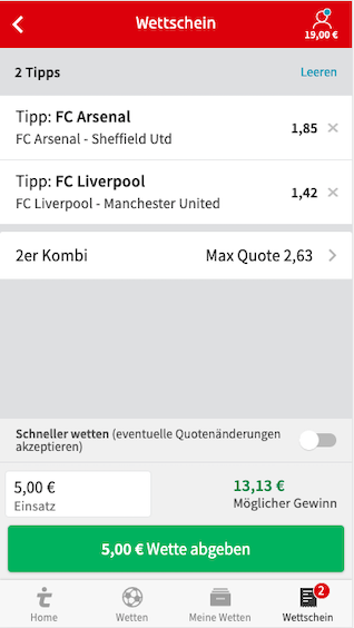 Der Wettschein in der Tipico Sportwetten App