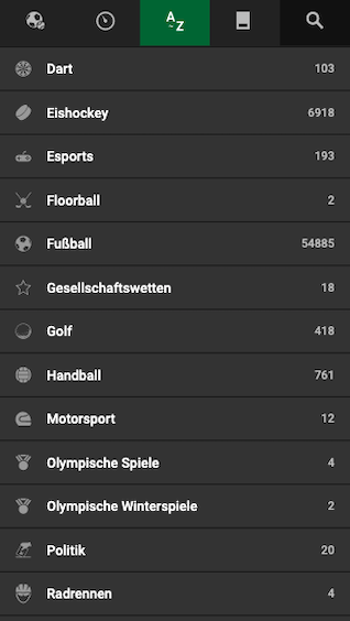 Sportarten-Angebot der iOS / Android App von Unibet