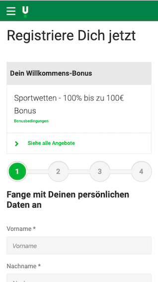 Registrierung in der Android / iPhone Unibet App