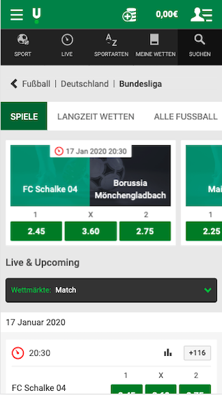 Menü der Unibet Sportwetten App