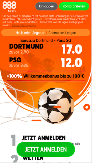 888sport Quotenboost für das Champions League Achtelfinale Dortmund gegen PSG