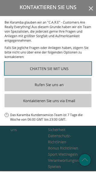 Support & Kontaktmöglichkeiten der Karamba Sportwetten App