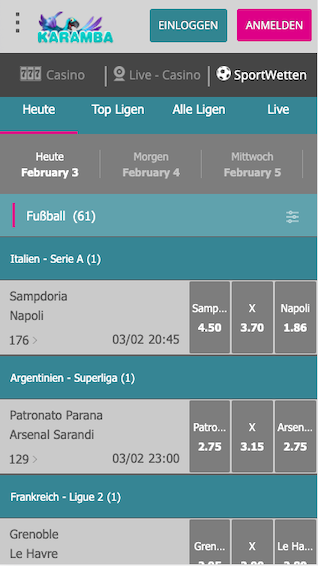 Wettprogramm der Karamba Sportwetten App