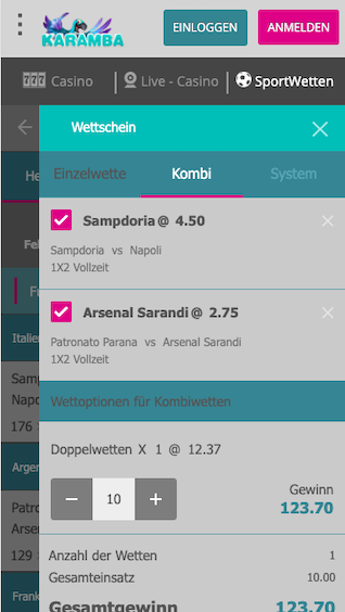 Wettschein der Karamba Web App