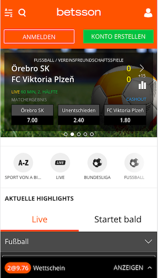 Menü der Betsson iOS & Android App