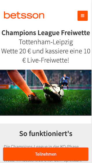 10 Euro Freiwette bei betsson für das Champions League Achtelfinale Tottenham Hotspur gegen Leipzig abholen