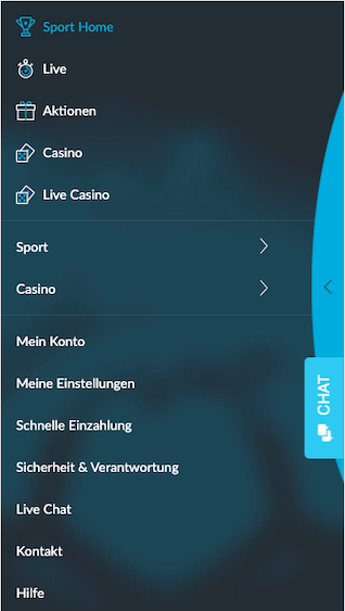 Sportwetten Menü der Betvictor Android & iPhone App