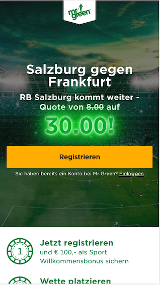 Mr Green Quotenboost für RB Salzburg gegen Eintracht Frankfurt
