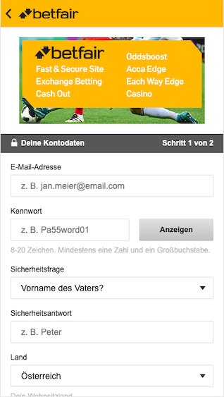 Registrierung in der Betfair iPhone und Android App