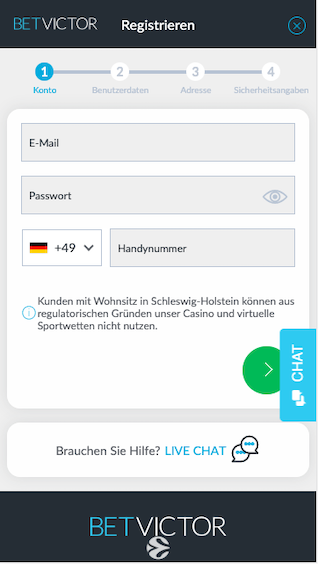 Registrierung in der mobilen Betvictor App