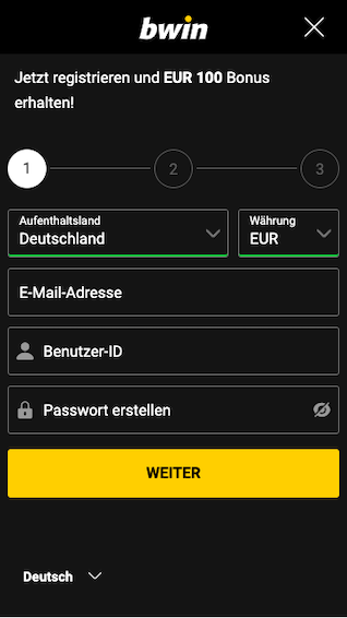 Schritt 1 der Registrierung in der bwin App