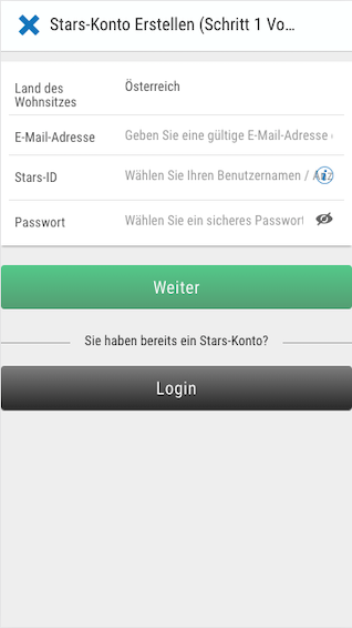 Registrierung in der Skybet Android / iPhone App