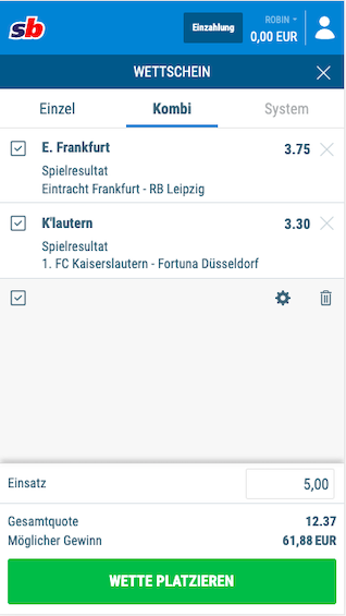 Wettschein der Sportingbet mobile App