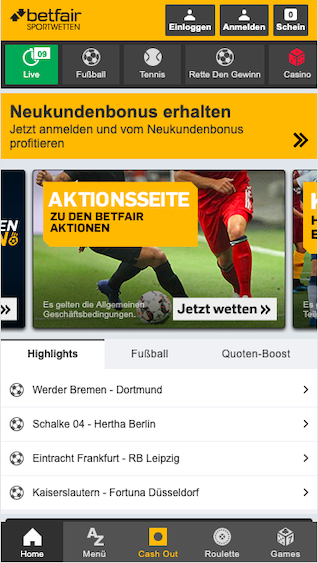 Startseite der Betfair Sportwetten App