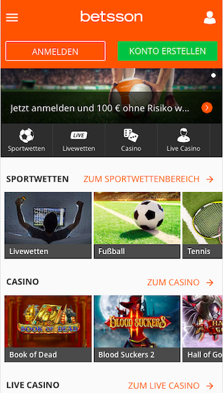 Startseite der Android & iPhone Betsson App