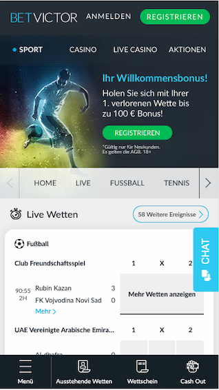 Screenshot der Startseite der Betvictor App