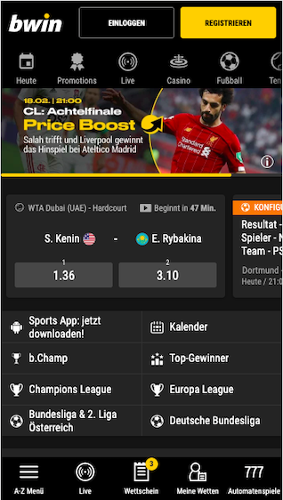 Die Startseite der Bwin App für Android und iPhone/iPad