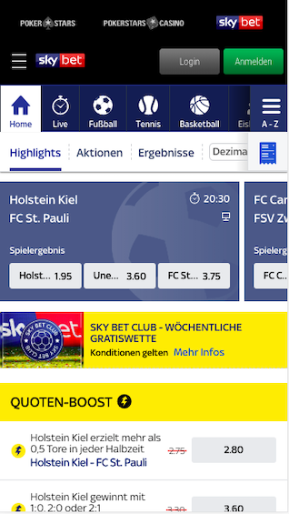 Startseite der mobilen Skybet App