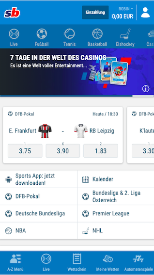 Startseite der Sportingbet Wett App