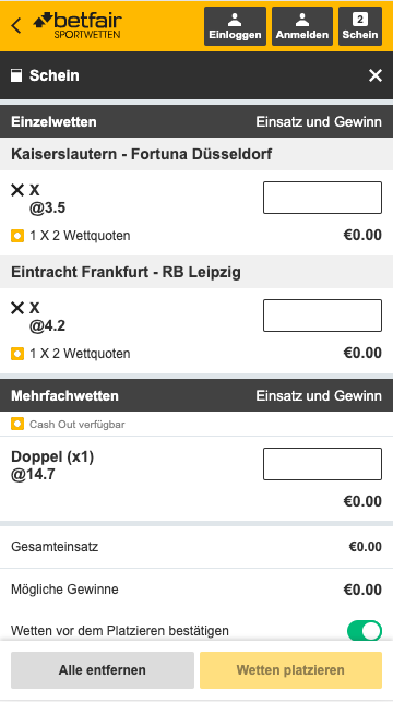 Wettschein der Betfair mobile App