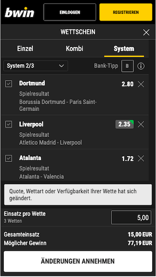 Wettschein der Bwin App