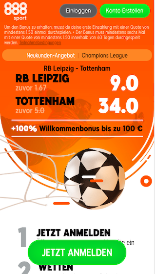 888sport Quotenboost für Neukunden im CL Achtelfinale RB Leipzig gegen Tottenham Hotspur