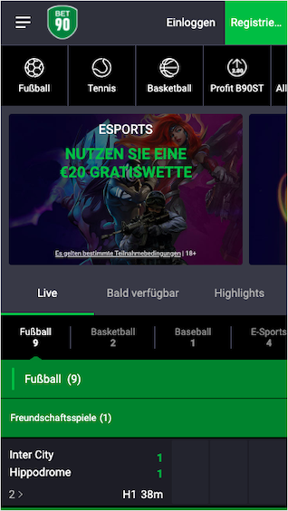 Startseite der 90Bet App für Android & iPhone