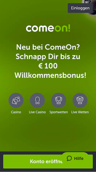 Startseite der ComeOn Sportwetten App