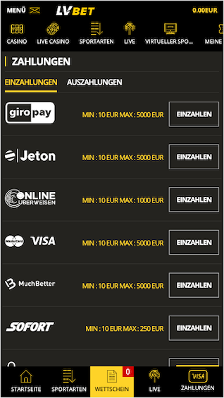 Einzahlungen in der LVBet mobile App bei Android und iOS
