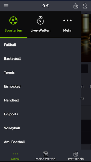 Sportwetten Menü der ComeOn mobile App