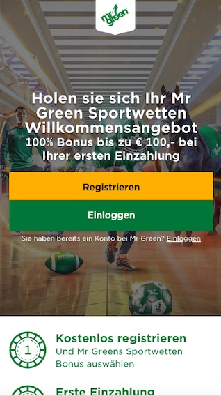 Startseite der Mr Green Android und iPhone App