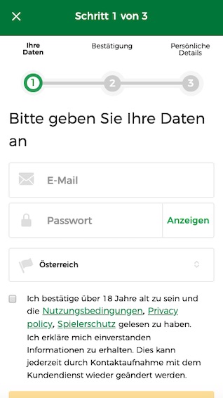 Registrierung in der Mr Green App