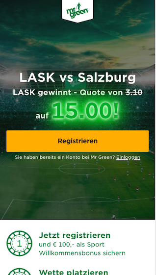 Mr Green Quotenboost für das ÖFB-Cup Halbfinale zwischen Red Bull Salzburg und dem LASK