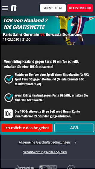 Novibet schenkt dir eine 10€ Gratiswette bei einem Tor von Erling Haaland bei PSG gegen BVB