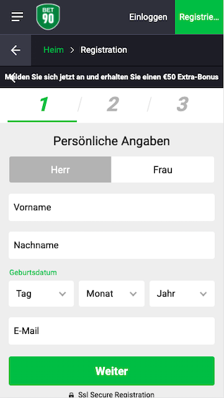 Registrierung in der mobilen Bet90 App