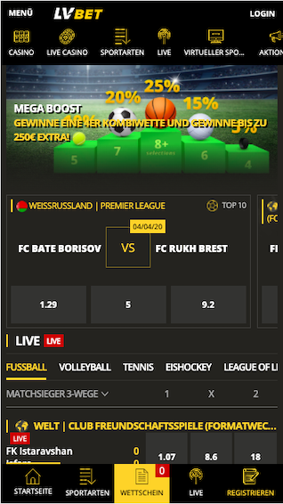 Startseite der LVbet mobile App