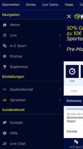 Sportwetten Menü in der William Hill App