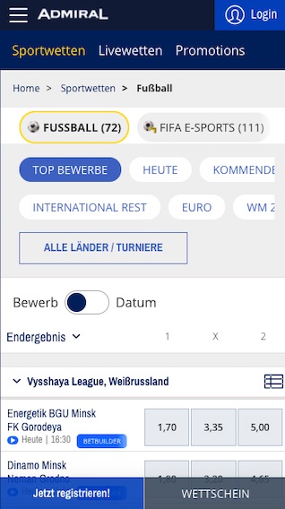 Menü der Admiral Sportwetten App