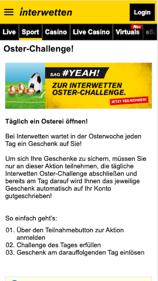2 Mal 10 Euro geschenkt bei der Oster Challenge der Interwetten App für Android und iPhone