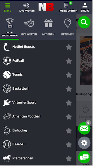 Menü der NetBet mobile App für Android und iPhone