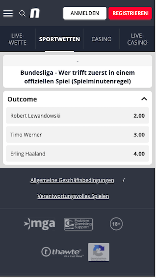Alle Wetten & Quoten für das erste Tor nach Wiederbeginn der deutschen Bundesliga in der Novibet App