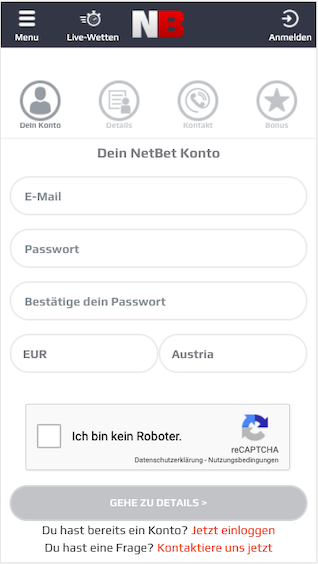 Registrierung in der Netbet Sportwetten App für Android & iPhone